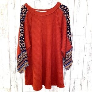 GIGIO Rust orange top Waffle Knit boho sleeves M tunic